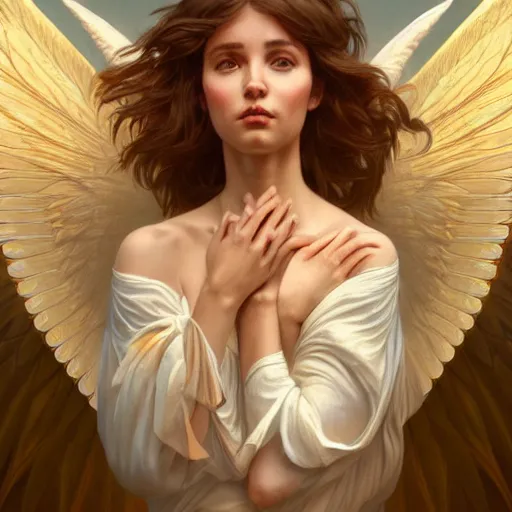 Image similar to wide angle full body portrait of an angel with a perfect face and perfect body crying, golden wings, intricate, highly detailed, digital painting, artstation, concept art, smooth, sharp focus, illustration, Unreal Engine 5, 8K, art by artgerm and greg rutkowski and alphonse mucha