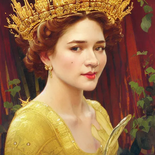 Image similar to side portrait of a young queen with a golden jeweled crown, head only, headshot, royalty, surrounded by gold leaves by Stanley Artgerm Lau , greg rutkowski, thomas kindkade, alphonse mucha, loish, norman rockwell, J. C. Leyendecker. white hair, black eyes, mouth slightly open, thorn border around the image. D&D, fantasy. Trending on artstation rule of thirds, detailed illustration, detailed lighting hd 4k