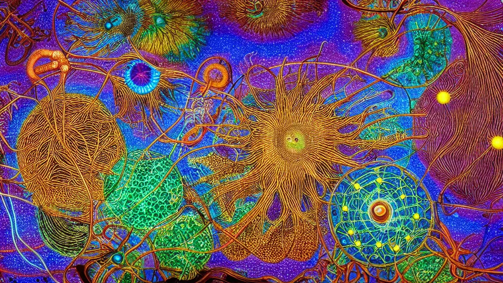 Image similar to quantum connections represented as symbiotic organisms like cells playing around with colorful lights by ernst haeckel, connectivity, sharp, futuristic, magnetic