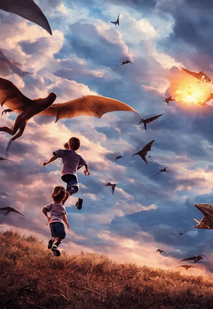 Prompt: a running child looking at a pterodactyle flying in the sky in the style of a movie poster, realistic, super detailed, cinematographic, epic lighting