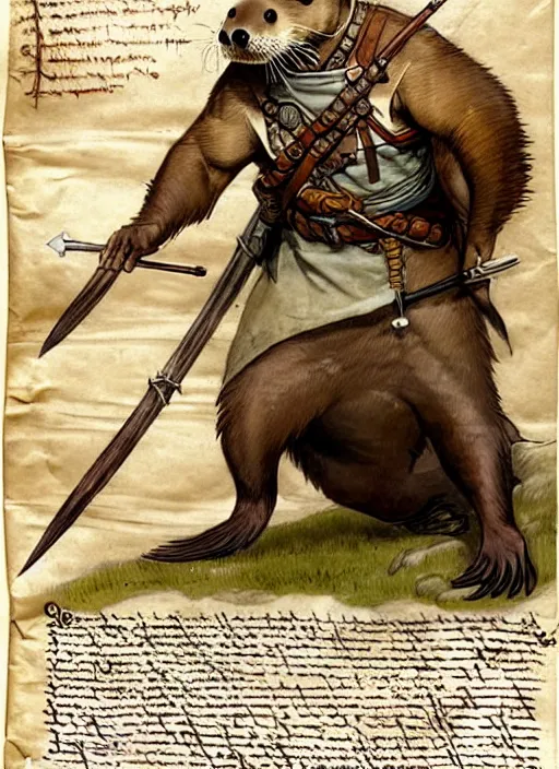 Image similar to a heroic otter scout with spear on a parchment background, redwall, greg rutowski and jean baptiste monge, detailed, epic fantasy concept art