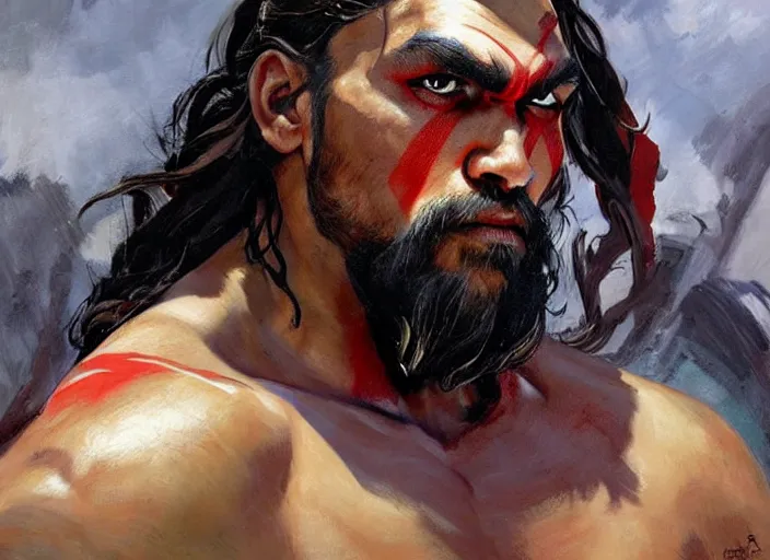 Prompt: a highly detailed beautiful portrait of jason momoa as kratos, by gregory manchess, james gurney, james jean