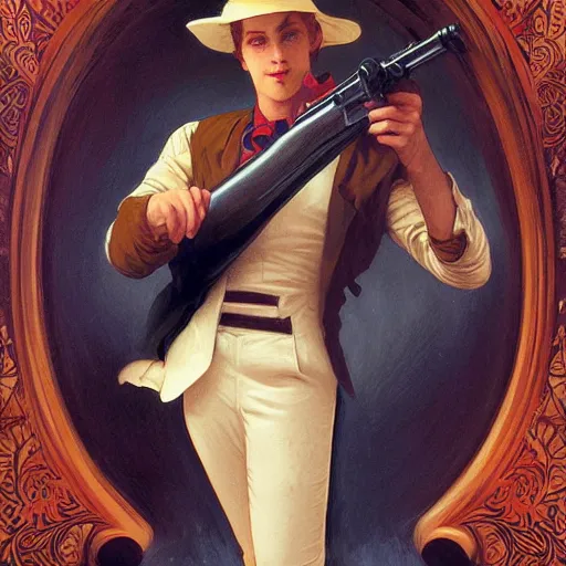 Image similar to a vintage portrait painting of a fantasy gentleman gunslinger, art by tristan eaton and artgerm and william - adolphe bouguereau