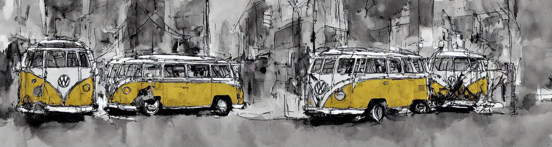 Prompt: vw bus on a street, illustration by ashley wood