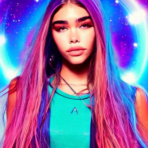 Image similar to madison beer a an intergalactic popstar dancing on a planet, render, blender render, unity render, 4 k wallpaper, art station trending, artstation 4 k coherent, coherent, 4 k, detailed, hyperdetailed, artifact - free, completely coherent, sharp, madison beer