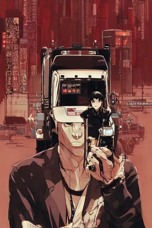 Prompt: professionally drawn 9 0's seined mature cyberpunk horror detective action manga comic cover featuring a man and his 1 8 wheeler truck, full color, beautifully drawn coherent professional, drawn by ilya kuvshinov, ilya kuvshinov, and hiromu arakawa and tsutomu nihei. japanese script on the cover. simplistic minimalist.