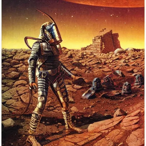 Image similar to sardaukar warrior in mars ruins, vintage sci - fi art, by ed emschwiller