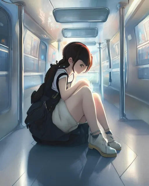 Image similar to a lonely girl sitting on a subway, full shot, ambient lighting, detailed shading, by makoto shinkai, stanley artgerm lau, wlop, rossdraws