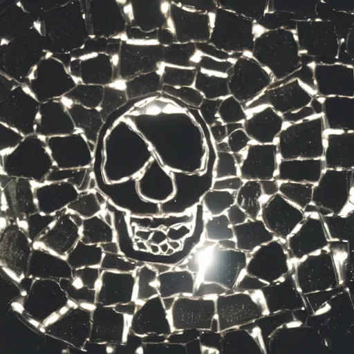 Image similar to a skull made out of broken mirrors, reflecting light in a nightclub, grainy film still