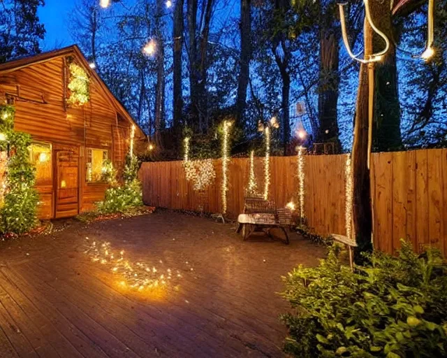 Image similar to a still photo of a backyard at night with fairy lights, house on the left side with wooden flooring, warm lighting