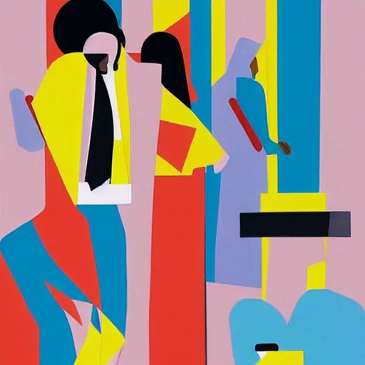 Image similar to A abstract painting in the style of Tatsuro Kiuchi, flat colour-block style, geometric abstraction, painting of a jazz band, modern pastel colours