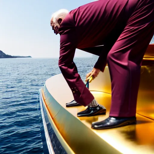 Image similar to wrinkled hunchbacked old man in musty burgundy suit, polishing painting the side of a huge gold plated mega yacht with a cloth, maintenance photo