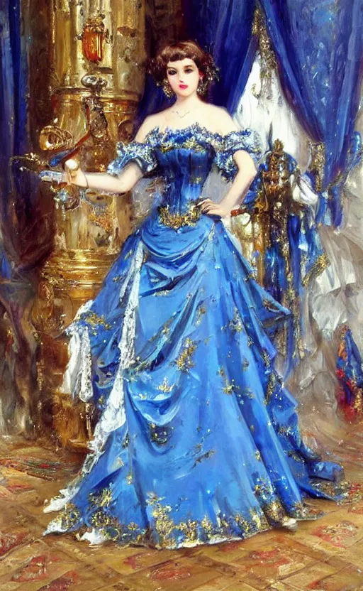 Image similar to Elegant Mecha laydy in blue victorian dress with gold ornaments. By Konstantin Razumov, highly detailded