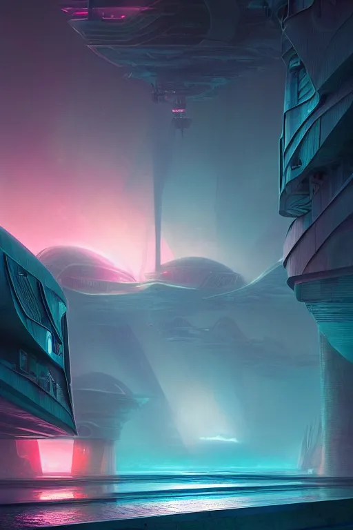 Image similar to emissary futuristic underwater city with pink street lighting, bioluminescence tides, by tim blandin and arthur haas and bruce pennington and john schoenherr, cinematic matte painting, zaha hadid building, photo realism, dark moody color palate, blue hour stars, desolate glacial landscape,