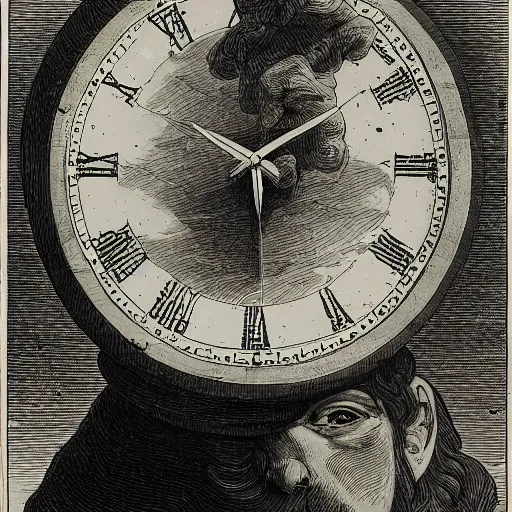 Image similar to a man eating the concept of time as the world around him crumbles, esoteric, optical illusion, illuminati