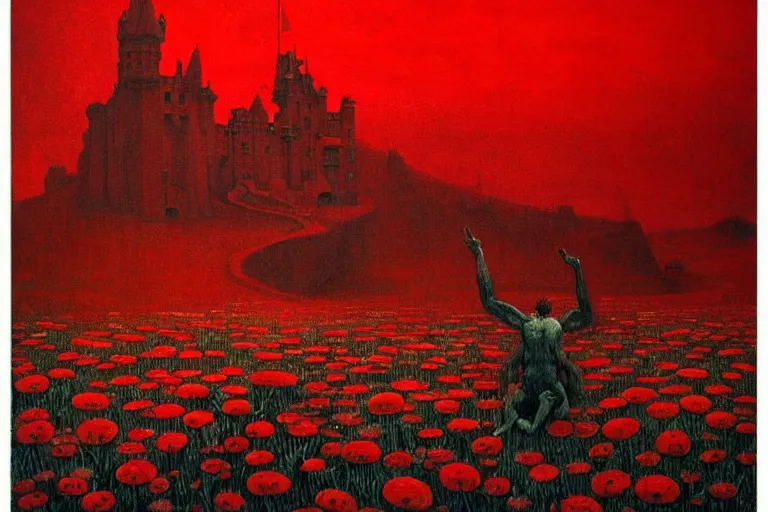 Image similar to only with red, red flowers of different types, a red tiger, a castle in the background, medieval demons dance over the flowers, an ancient path, in the style of beksinski, part by hopper, part by rodcenko, part by hofbauer, intricate composition, red by caravaggio, insanely quality, highly detailed, masterpiece, red light, artstation