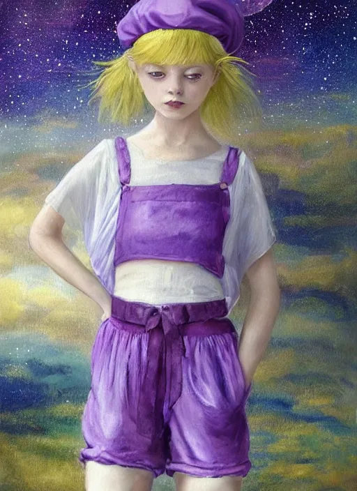 Image similar to A painting of a beautiful and mysterious young girl with short blond hair wearing an oversized purple Beret, Baggy Purple overall shorts, Short Puffy pants made of silk, silk shoes, a big billowy scarf, Golden Ribbon, and white leggings Covered in stars. Short Hair. Sunlit. Haute Couture. Dreamlike. Cloudscape. Fantasy Illustration. Art by william-adolphe bouguereau and Alexandre Cabanel and Anna Dittmann and WLOP and Artgerm and Johannes Helgeson. Smooth. Elegant. Highly Detailed. Intricate. Realistic fantasy illustration. 4K. UHD. Denoise.