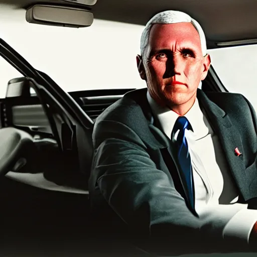 Image similar to Mike Pence Vice President in the back seat of the car in the opening scene of Reservoir Dogs bleeding and screaming I'm Gonna Make It!, cinematic 35 mm HDRI photo real octane render