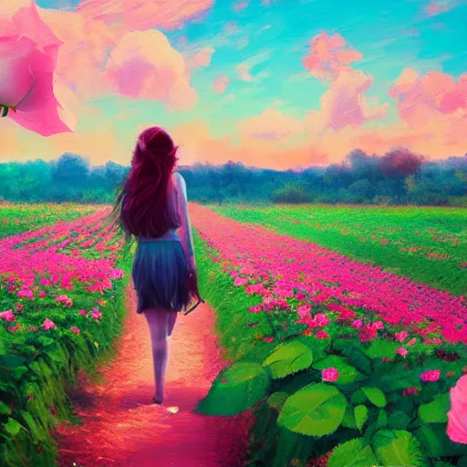 Image similar to large rose as a head, girl walking in a flower field, surreal photography, sunrise dramatic light, impressionist painting, colorful clouds, digital painting, artstation, simon stalenhag