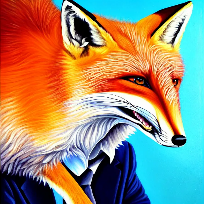 Image similar to a painting of a photorealistic anthropomorphic male red fox in a nice suit eating a slice of blueberry pie, oil on canvas, soft lighting, vivid colors