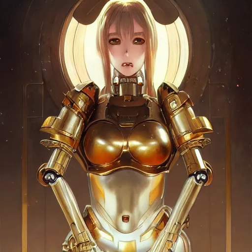 Image similar to anime girl robot warhammer 4 0 k emperor, gold, portrait, intricate, elegant, highly detailed, digital painting, artstation, concept art, wallpaper, smooth, sharp focus, illustration, art by h. r. giger and artgerm and greg rutkowski and alphonse mucha