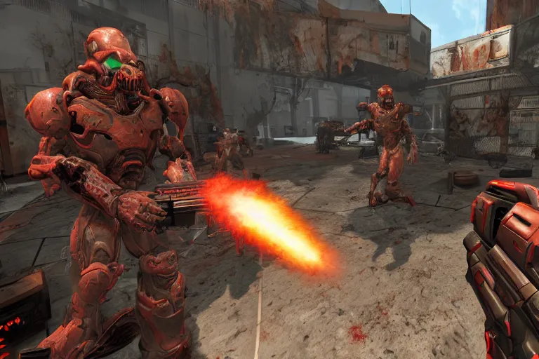 Prompt: a photo of doom slayer killing zombies in half life 2, photorealistic, 8 k