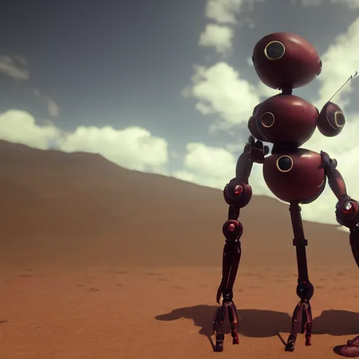 Image similar to nymph render of a very cute 3d robot machine from nier automata, red eyes, made of iron, full round face, short smile, golden hour, desert setting, medium shot, mid-shot, highly detailed, trending on Artstation, Unreal Engine 4k