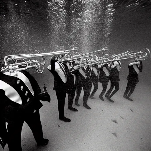 Image similar to Underwater photo of a marching band by Trent Parke, clean, detailed, Magnum photos