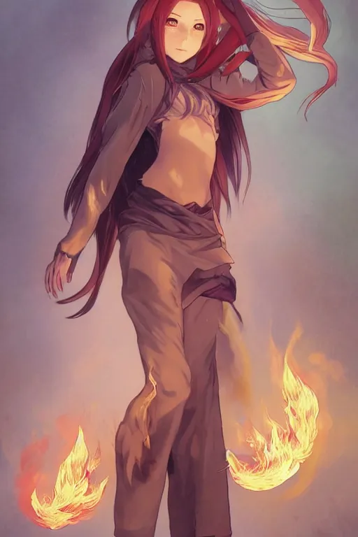 Prompt: anime key visual of a pretty sorcerer girl, wearing sweatpants and a crop top, practicing fire spells in her bedroom, intricate, lofi feel, magical, highly detailed, digital painting, artstation, smooth, hard focus, illustration, art by artgerm and greg rutkowski and alphonse mucha