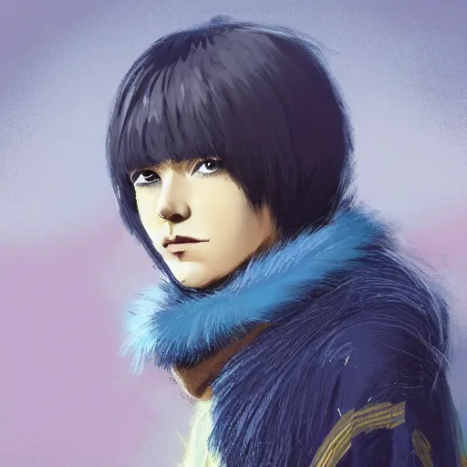 Image similar to ilya kuvshinov with long hair, sky blue hair, gold eyes, hazel eyes, amber eyes, boyish face, professional digital painting, concept art, award - winning photography, cinematic, forest background, thin fur scarf, awe, regal, wlop, art by andy warhol, pixiv art, yoshitaka amano