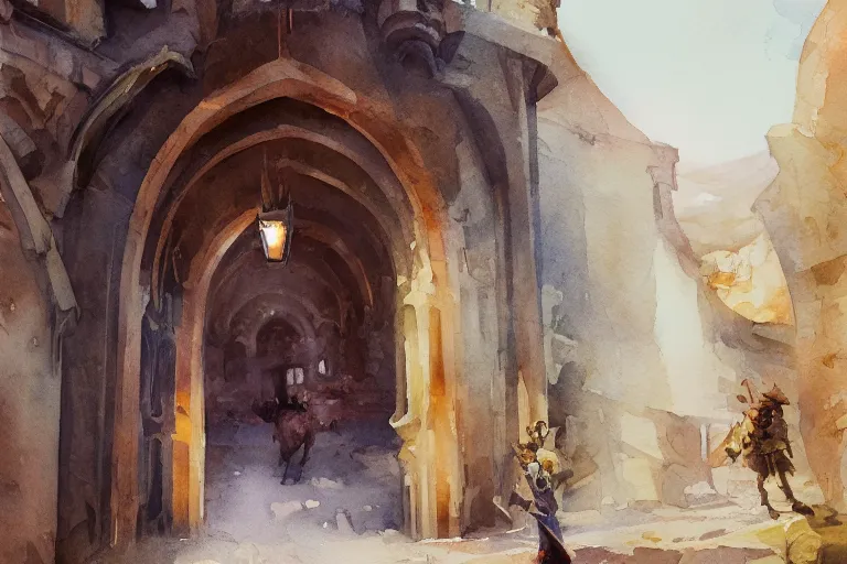 Prompt: small centered on watercolor paper, paint brush strokes, abstract watercolor painting of medieval fortress entrance, giant iron door, copper nails, cinematic light, national romanticism by hans dahl, by jesper ejsing, by anders zorn, by greg rutkowski, by greg manchess, by tyler edlin