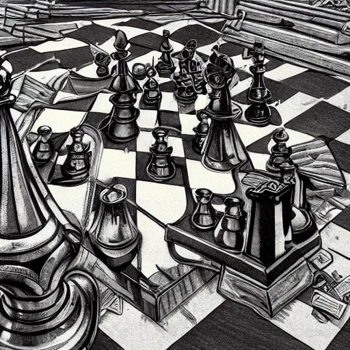 Prompt: a chessboard, skeleton, lying in rubble by greg hildebrandt, detailed linework