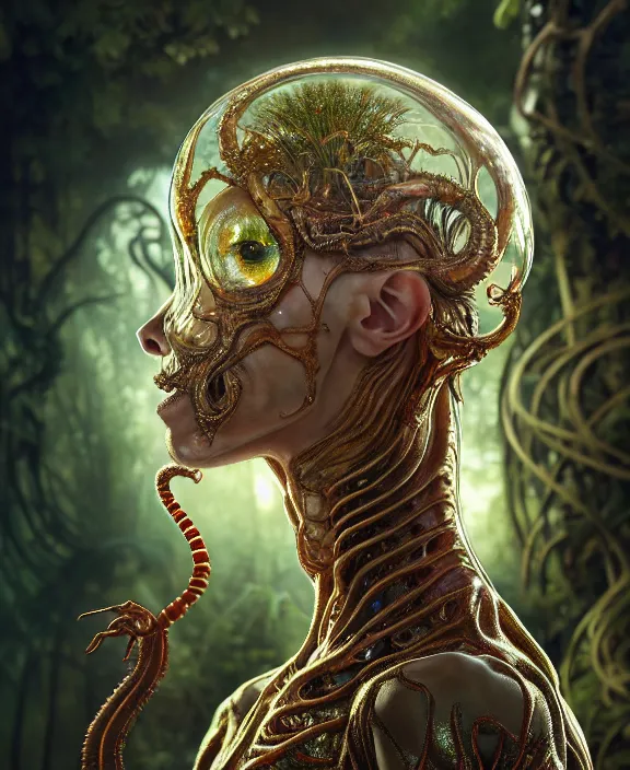 Image similar to intricate ornate opulent transparent clear see - through portrait of a terrifying beautiful skinny male alien centipede, mottled coloring, adorable, childlike, overgrown jungle environment, ultra realistic, concept art, art nouveau, photorealistic, octane render, 8 k, unreal engine. art by christopher marley and artgerm and greg rutkowski and alphonse mucha