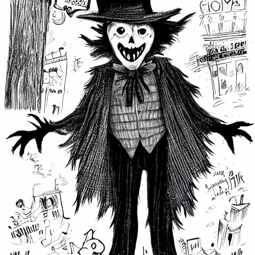 Image similar to a Pop Wonder scary horror themed goofy-hilarious-character Babadook-scarecrow-madhatter-williewonka-wearing a scarf, 3-piece-suit, dime-store-comic drawn with charcoal and pen and ink, half-tone-line-stacking