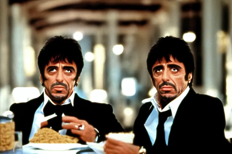 Image similar to face portrait of tony montana from movie scarface 1 9 8 3 sitting behind a big black oak table with big large packages of flour. al pacino. perfect symmetric face, coherent eyes, ron cobb, fine details, cinestill, 4 k. last scene from scarface movie, bokeh