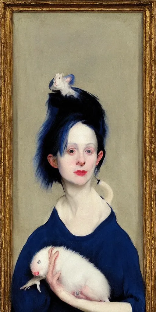 Prompt: “ a portrait of a blue haired girl holding an albino rat, very detailed, oil painting, madame x, dark background, by of john singer sargent ”