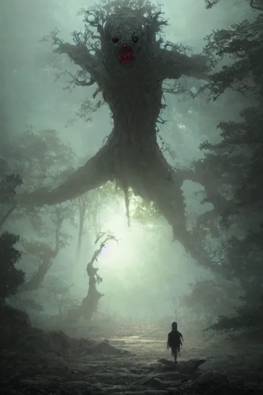 Prompt: a beautiful terrifying tree monster looms over a tiny human. epic dawn, ethereal fantasy art by greg rutkowski