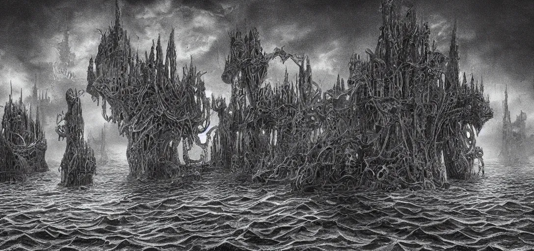 Image similar to cybergothic charcoal reefs, in the style of alex konstad, alejandro mirabal, dramatic, tragic, intricate, detailed, beautiful, 8 k resolution