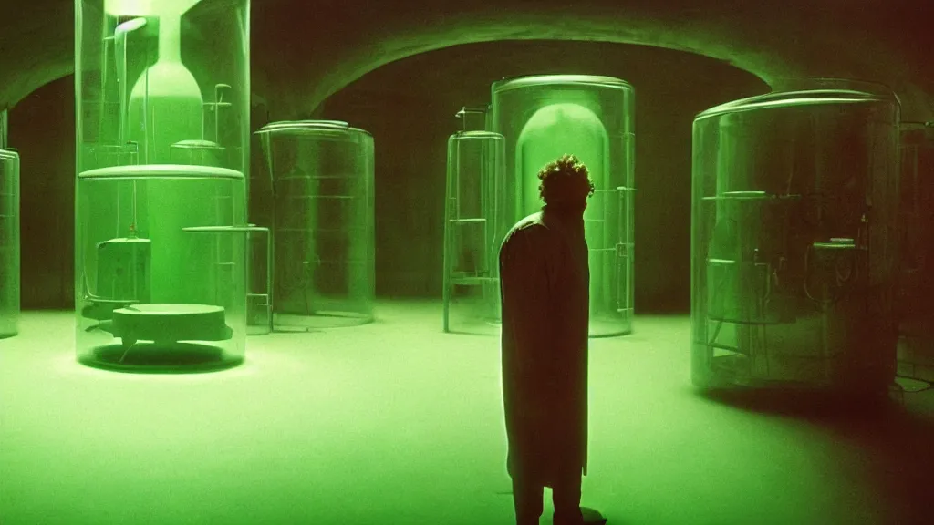 Image similar to a mad scientist in his lab, giant vats of green liquid line the walls, film still from the movie directed by denis villeneuve and david cronenberg with art direction by salvador dali and zdzisław beksinski, wide lens