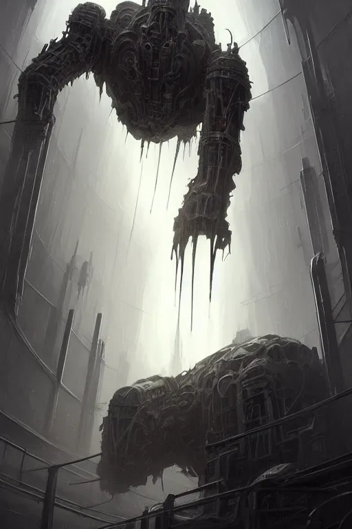 Image similar to professional concept art of a symmetrical! ominous floating mechanical steel terrifying giant monster thing in a dark room by artgerm and greg rutkowski. an intricate, space, elegant, highly detailed digital painting, concept art, smooth, sharp centred focus, illustration, cubism, in the style of cam sykes, wayne barlowe, igor kieryluk.