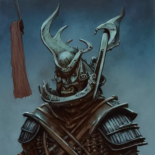 Image similar to head and shoulders photo portrait of a samurai hobgoblin, d & d, fantasy, greg rutkowski, frank frazetta, alexandre chaudret, boris vallejo, michael whelan, miro petrov, hr giger, magali villeneuve, donato giancola