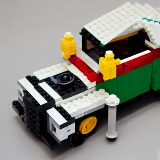 Image similar to photo of moskvich 412 car made of lego, 35 mm