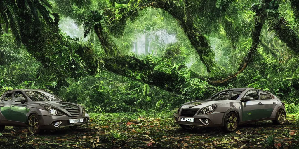 Prompt: Amazonian jungle with tropical plants and leaves falling from tree and a Cupra car placed in the center of the frame , unreal 5, hyperrealistic, realistic, photorealistic, dynamic lighting, highly detailed, cinematic landscape, studio landscape, studio lighting