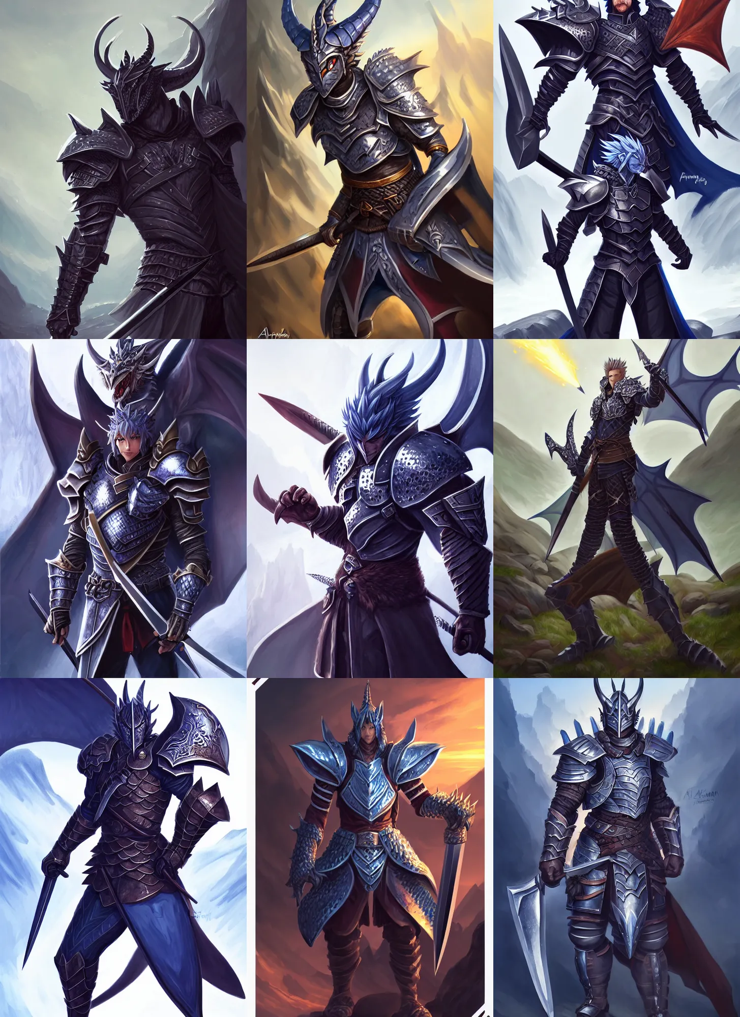 Prompt: full body portrait of a dragonslayer in the mountains, male, shiny blades, plate navy blue armor, dragon motif, high fantasy, dnd, face details, extremely detailed, smooth, sharp focus, digital illustration, by artgem, rossdraws, sakimichan