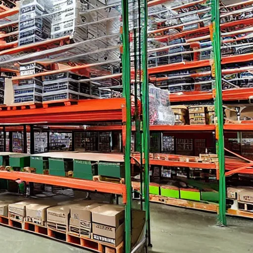 Image similar to a picture of a warehouse full of boxes with green patches on the top and red patches on the sides