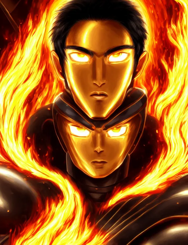 Image similar to a detailed manga portrait of a black haired man with hazel eyes in gleaming golden armour that burns with golden fire, trending on artstation, digital art, 4 k resolution, detailed, high quality, sharp focus, hq artwork, coherent, insane detail, character portrait