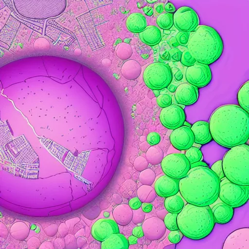 Image similar to giant pink purple bubbles with cities inside them, extremely detailed