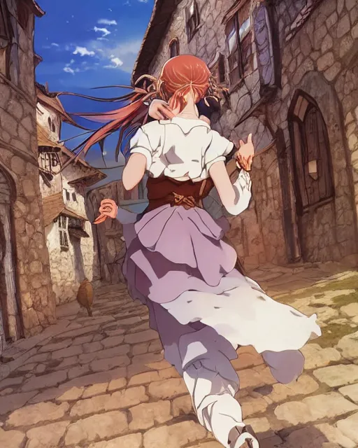 Image similar to key anime visual portrait of a young female walking through a medieval village, dynamic pose, dynamic perspective, detailed silhouette, film grain, face by yoh yoshinari, detailed, intricate