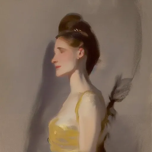 Image similar to a portrait headshot matte painting of beautiful woman in dress walking on street by John Singer Sargent, fine details