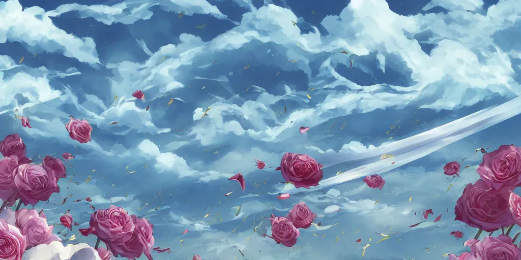 Prompt: background art of flying longswords flowing and floating through the slicing through directional wind on a simple cloudy sky background featuring an enormous tsunami, big puffy clouds, large individual rose petals, lotus petals, angular background elements, large polygonal fragments, anime, studio ghibli, artgerm, manga, trending on artstation, art nouveau, mature color scheme